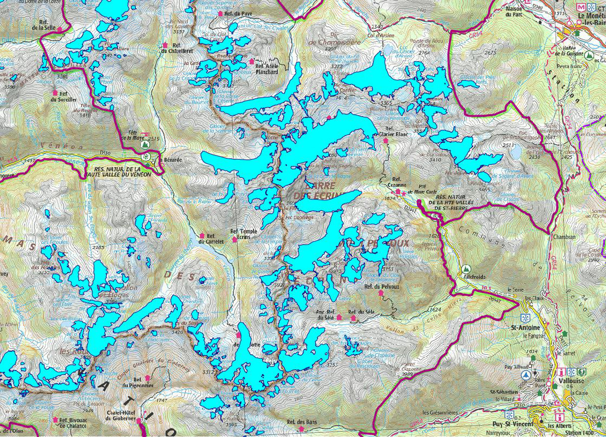 Carte des glaciers du Parc national des Ecrins en 2009 (d'après la thèse de Marie Gardent : Inventaire et retrait des glaciers dans les Alpes françaises depuis la fin du Petit Âge Glaciaire, 2014) Carte des glaciers du Parc national des Ecrins en 2009 (d'après la thèse de Marie Gardent : Inventaire et retrait des glaciers dans les Alpes françaises depuis la fin du Petit Âge Glaciaire, 2014)
