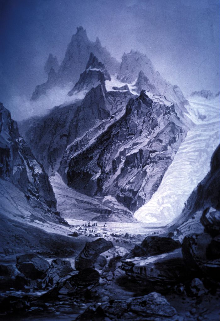 Glacier Blanc et Glacier Noir se rejoignant au Pré de madame Carle (vers 1840) - Gravure ancienne originale au musée d'Annecy Glacier Blanc et Glacier Noir se rejoignant au Pré de madame Carle (vers 1840) - Gravure ancienne originale au musée d'Annecy