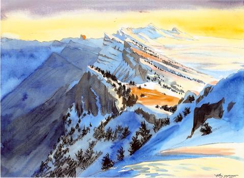 Vercors, aquarelle Alexis Nouailhat - massif des Écrins