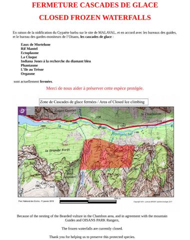 Panneau interdiction cascades de glace - janvier 2019 - Site Malaval