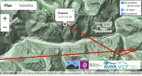 Carte vol Emparis, gypaète né en 2019 dans les Ecrins, au 8 mai 2020 