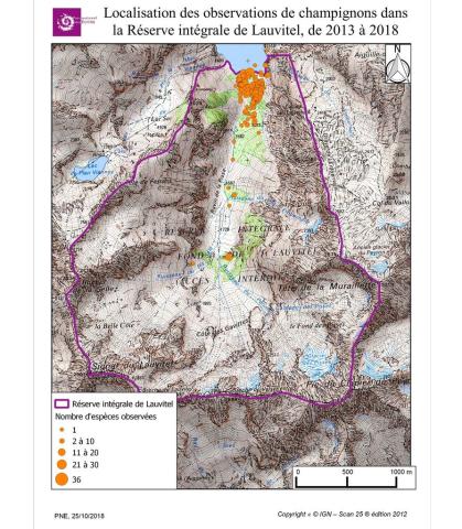 Localisation des observations de papillons dans la Réserve intégrale de Lauvitel de 2013 à 2018