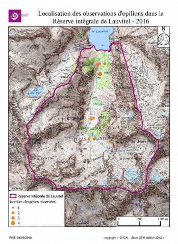 Localisation des observations d'opilions dans la Réserve intégrale de Lauvitel 2016