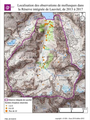 Localisation des observations des gastéropodes dans la Réserve intégrale de Lauvitel de 2013 à 2017