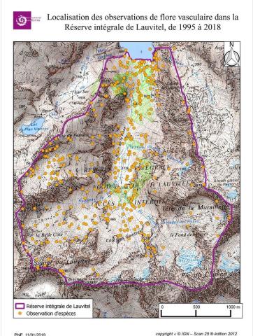 Localisation des observations de flore vasculaire dans la Réserve intégrale de Lauvitel de 1995 à 2018