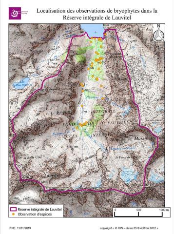 Localisation des observations de bryophytes dans la Réserve intégrale de Lauvitel