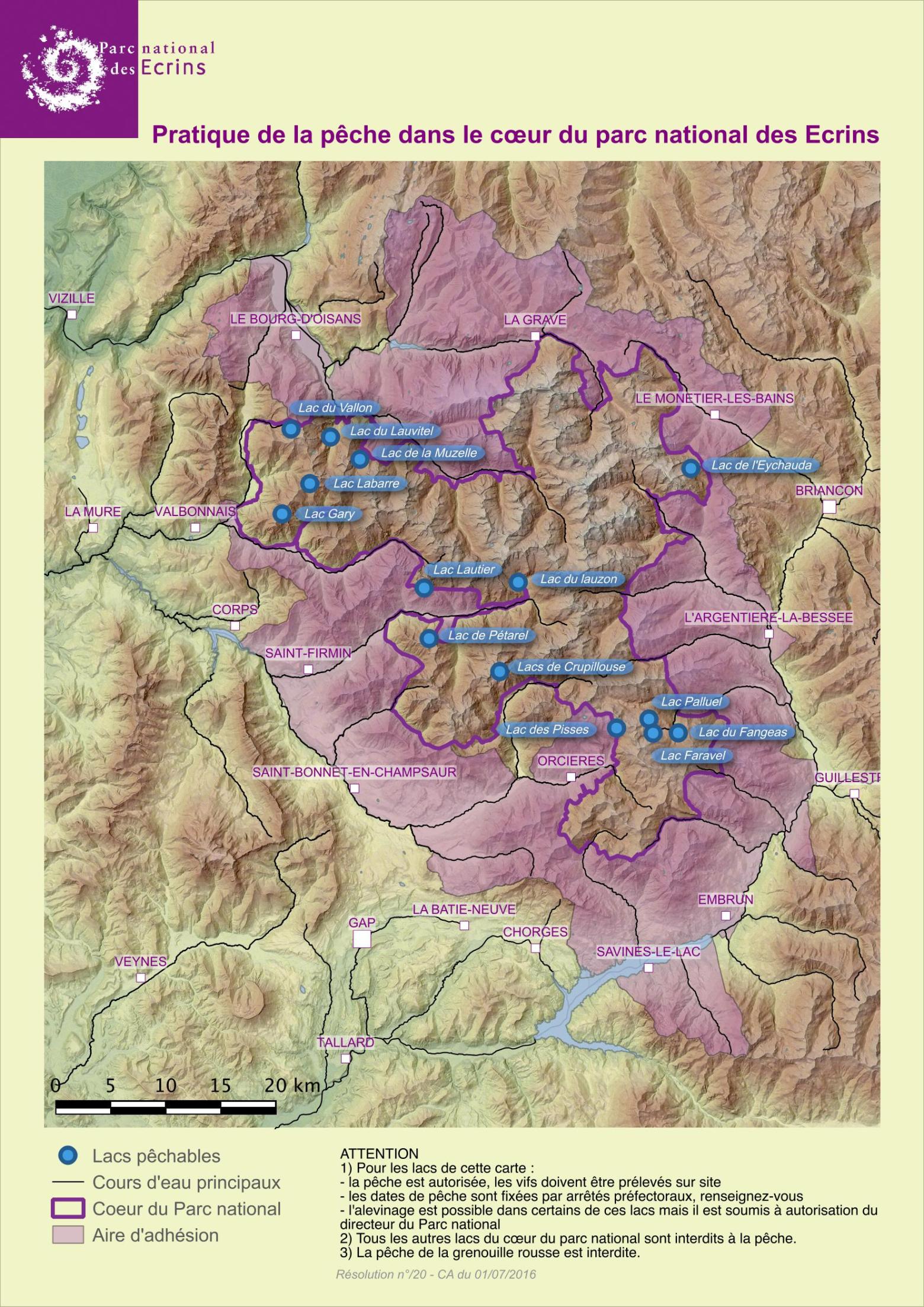 Carte des lacs où la pêche est possible dans le cœur du Parc national  © Parc national des Écrins