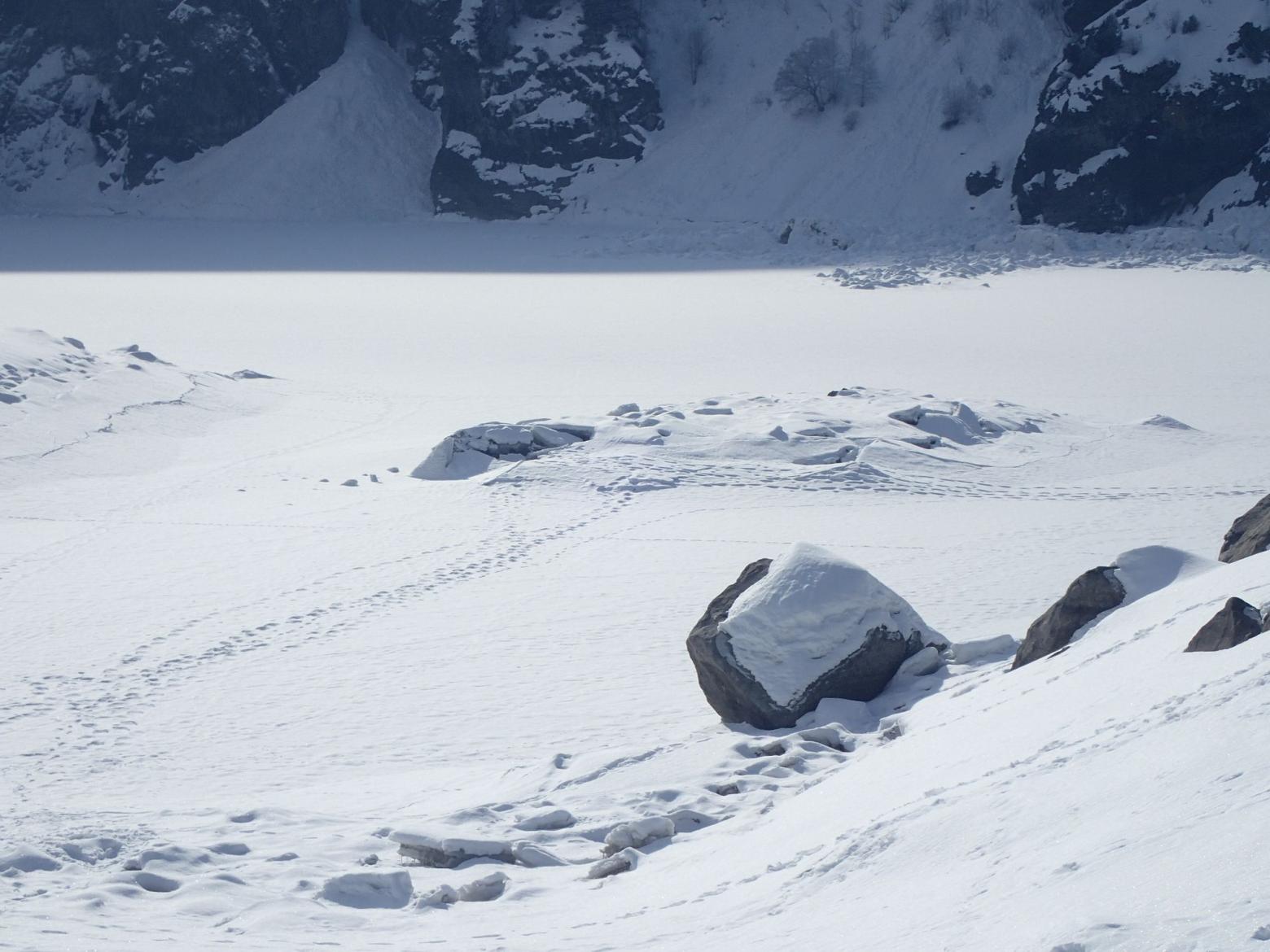 Lac Lauvitel - hiver 2018 - niveau très bas - photos S.Derivaz - J.Forêt Parc national des Écrins