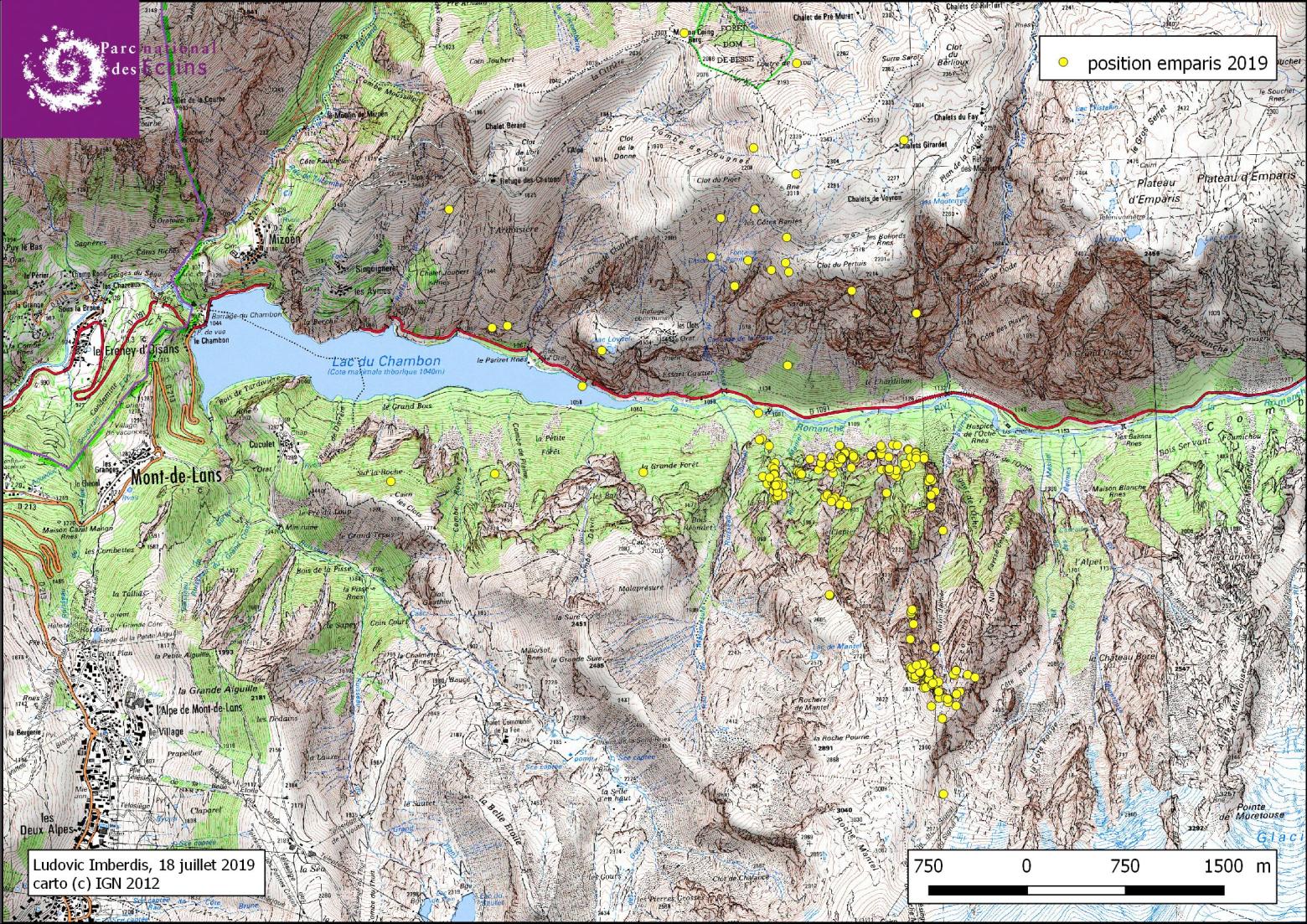 Les premiers déplacements d'Emparis - cartographie L.imberdis - Parc national des Ecrins