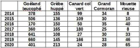 résultats des comptages des principales espèces d’oiseaux d’eau sur le lac de Serre Ponçon depuis 2014
