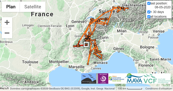 Carte vol Emparis, gypaète né en 2019 dans les Ecrins, au 8 mai 2020 