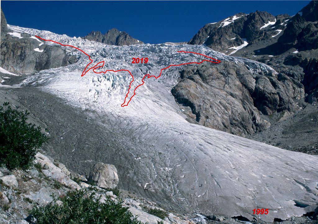 Photo-constat du glacier Blanc (point A : limites 1995-2019) - Photo Joël Faure, PNE