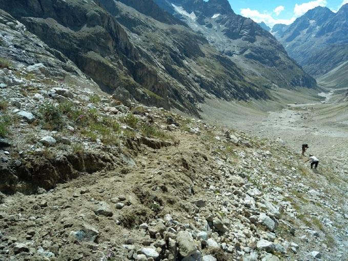 8/08/22 : retraçage du sentier d'accès au Promontoire dans la moraine, au large du canyon © C. Lecuyer - PNE 