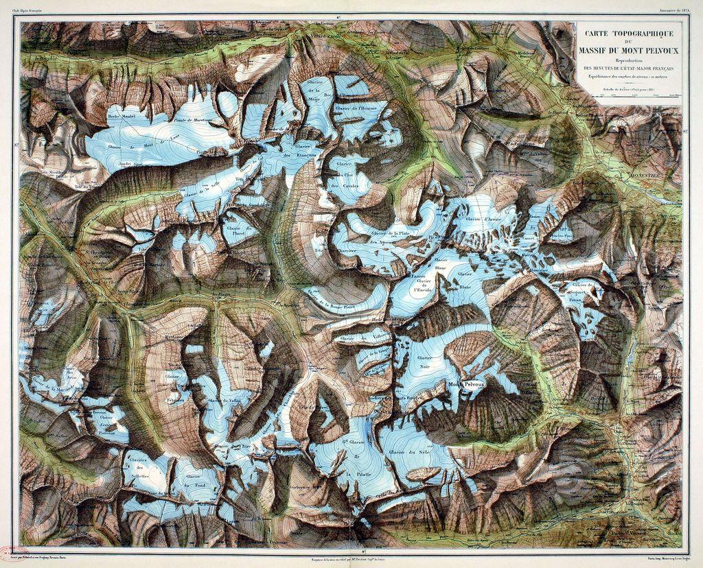 Carte topographique du capitaine Prudent  - Club alpin français, annuaire de 1876 © Archives départementales des Hautes-Alpes 