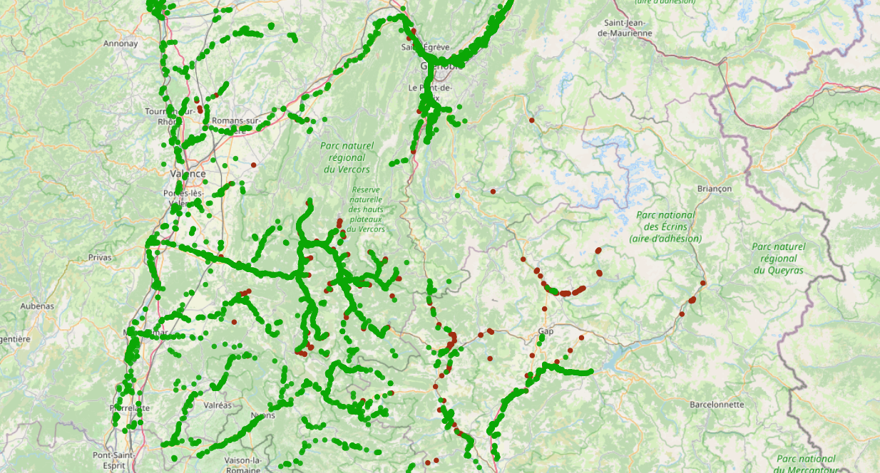Carte de présence du castor à proximité du parc national © D. Thonon - Faune-France