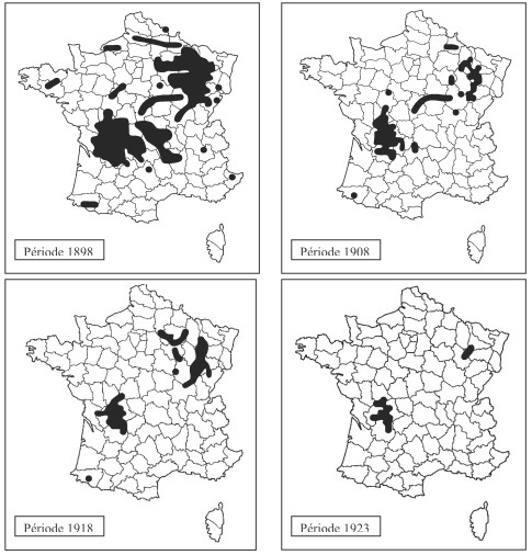 Figure 1 : Présence du loup en France (1898-1923) - Source : www.loupfrance.fr - Auteur : Francois de Beaufort, 1984