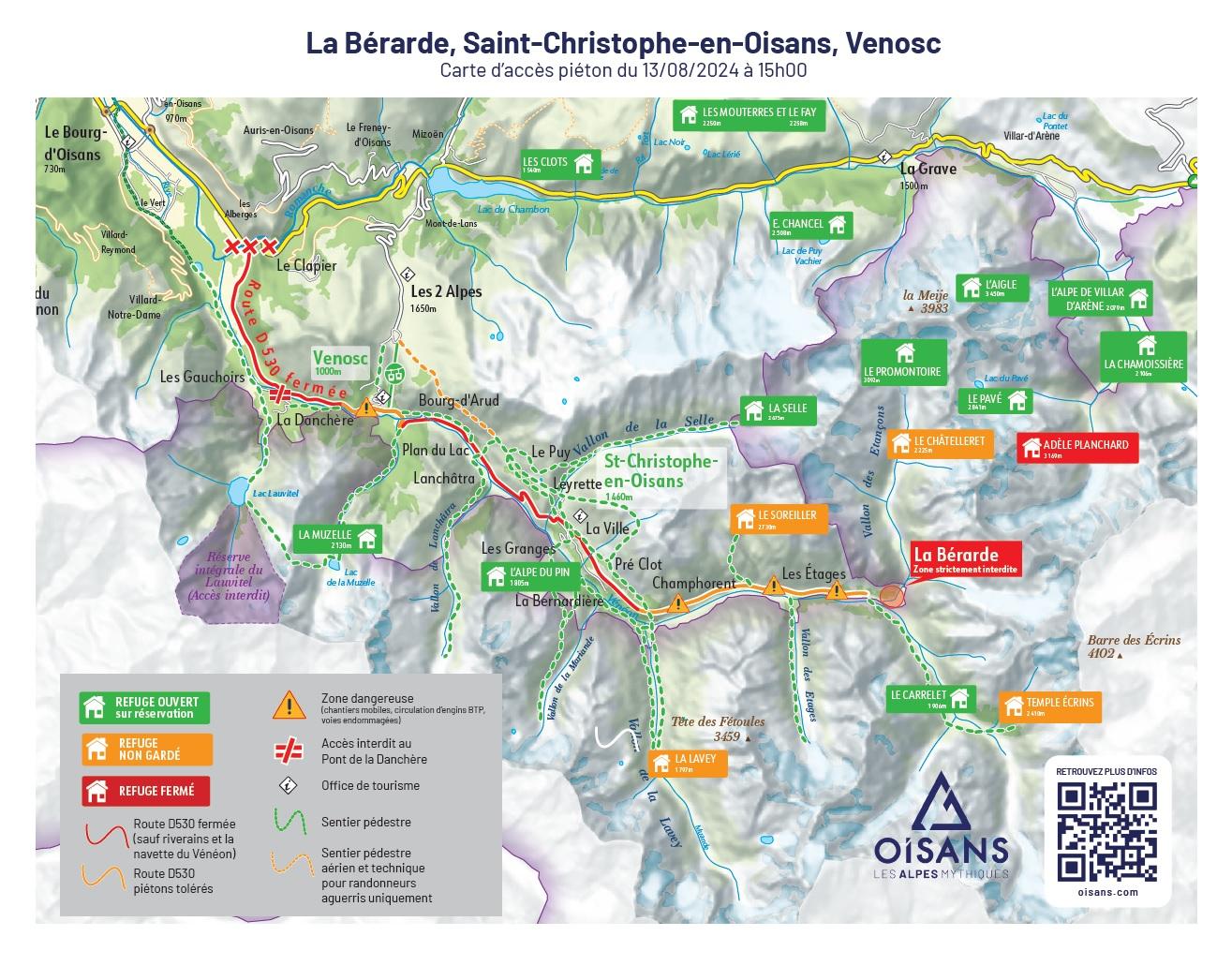 Carte des accès piétons dans le Vénéon au 13/8/2024