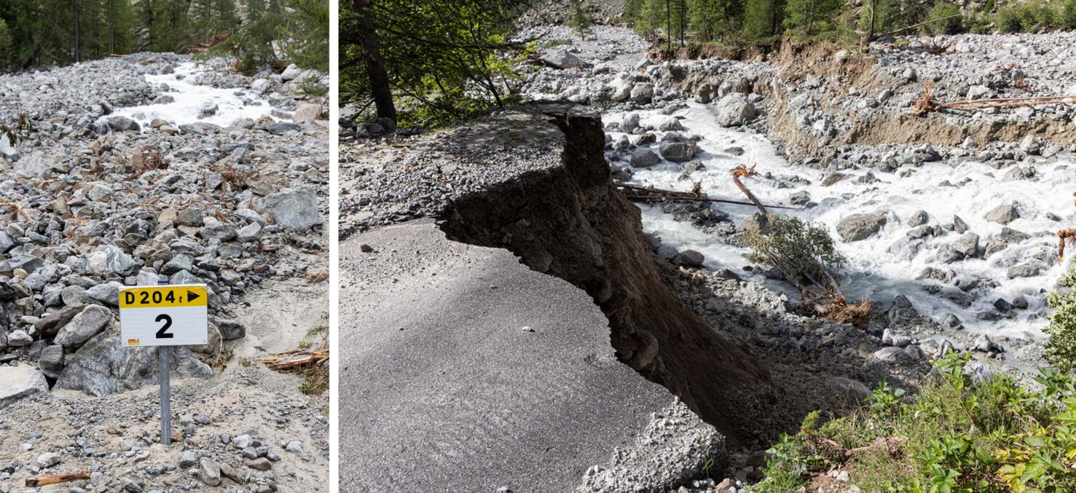 route de montagne arrachée par un torrent