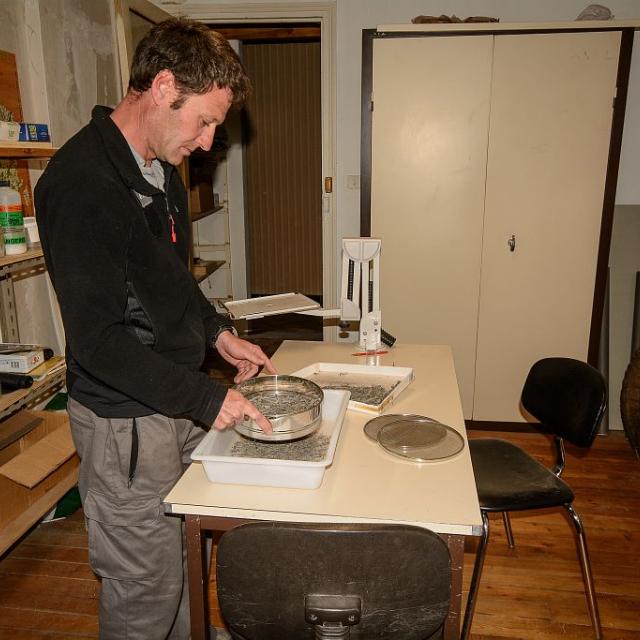 Damien Combrisson, lors d'une opération de tamisage, pour la recherche d'escargots. © M.Coulon - Parc national des Écrins