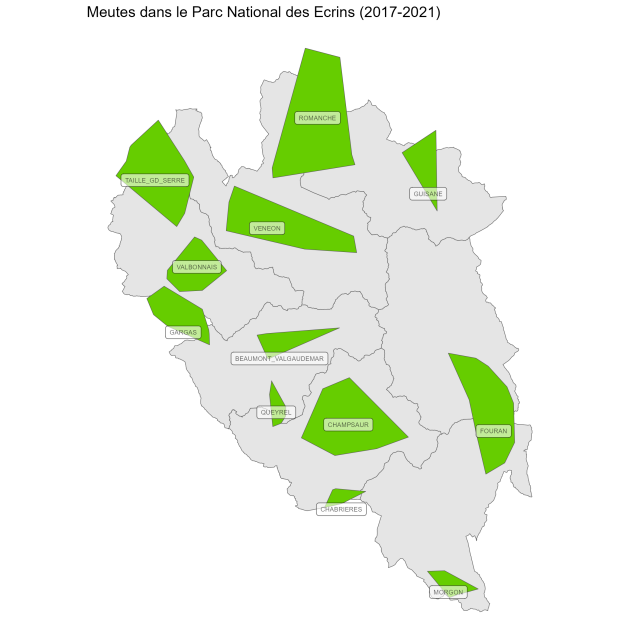 Figure 7 : Aire de présence de certaines meutes dans le Parc national des Écrins (2017-2021) - Source : BD Indices, Réseau Loup-Lynx / OFB / Parc National des Ecrins - 2022